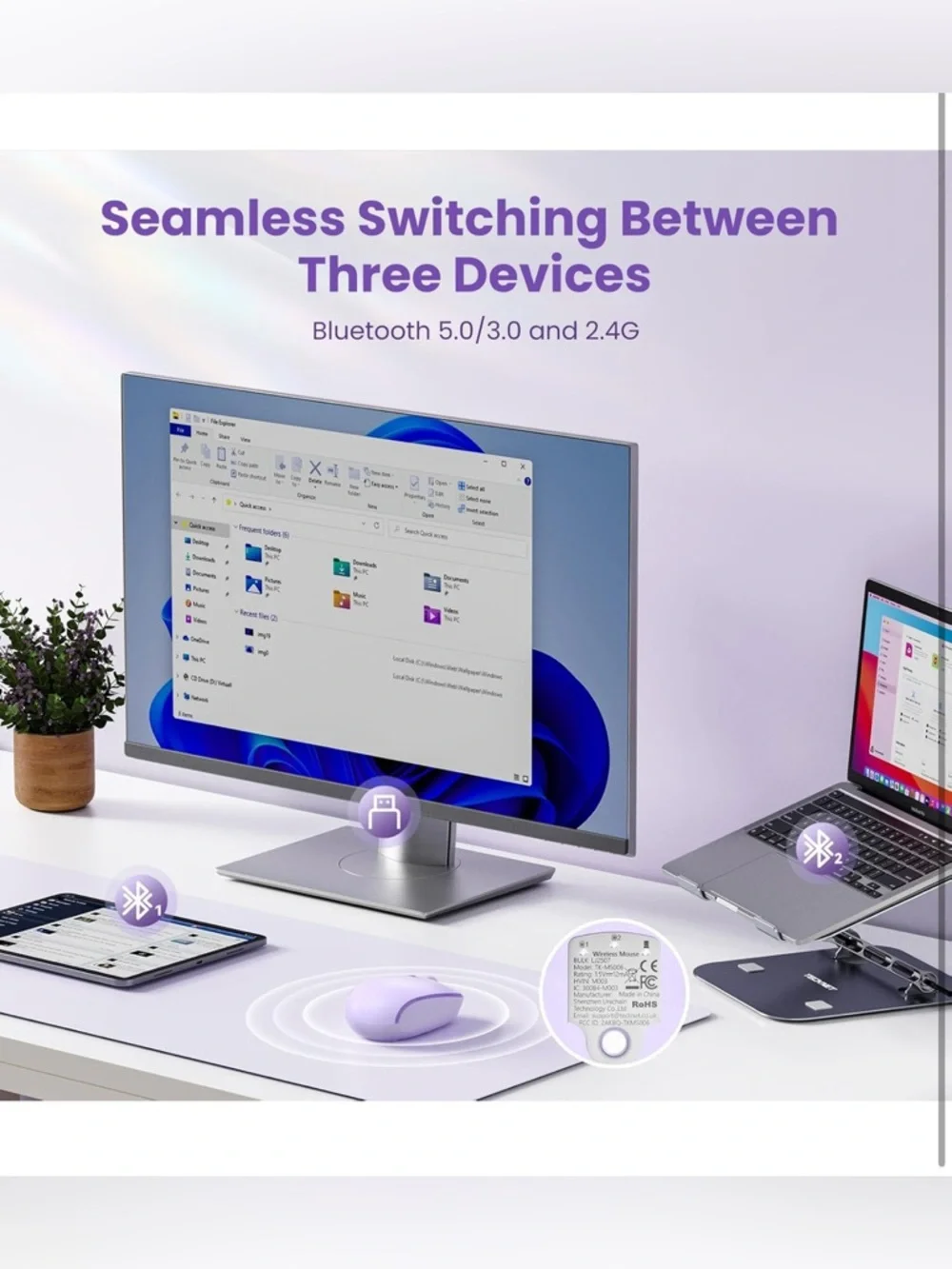 TECKNET Bluetooth Wireless Mouse (BT5.0/3.0 & 2.4G) Silent Click Compact